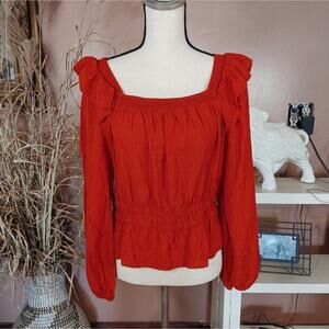 Universal Thread Size Large Red Gold Stripe Off Shoulder Frill Blouse Stretchy